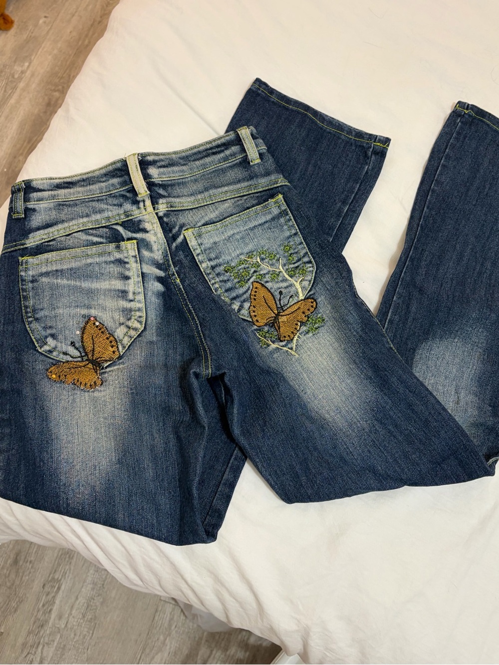 Womens Blue Denim Jeans with Embroidered Butterfly Rhinestone Detail
